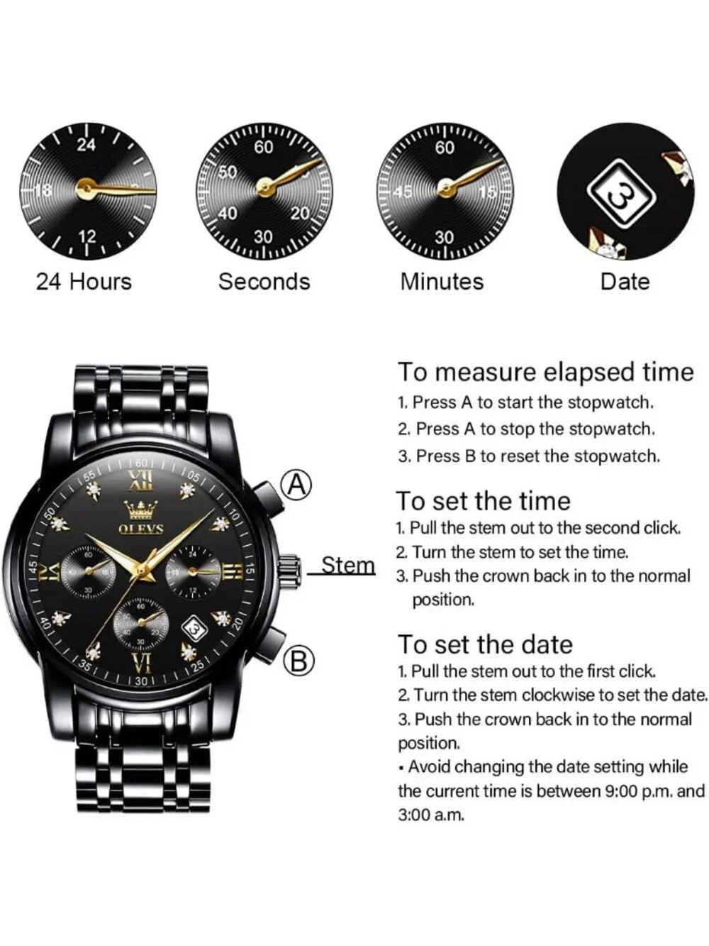 Men's Black Face/Black Strap Stainless Steel Chronograph Waterproof Wrist Watch